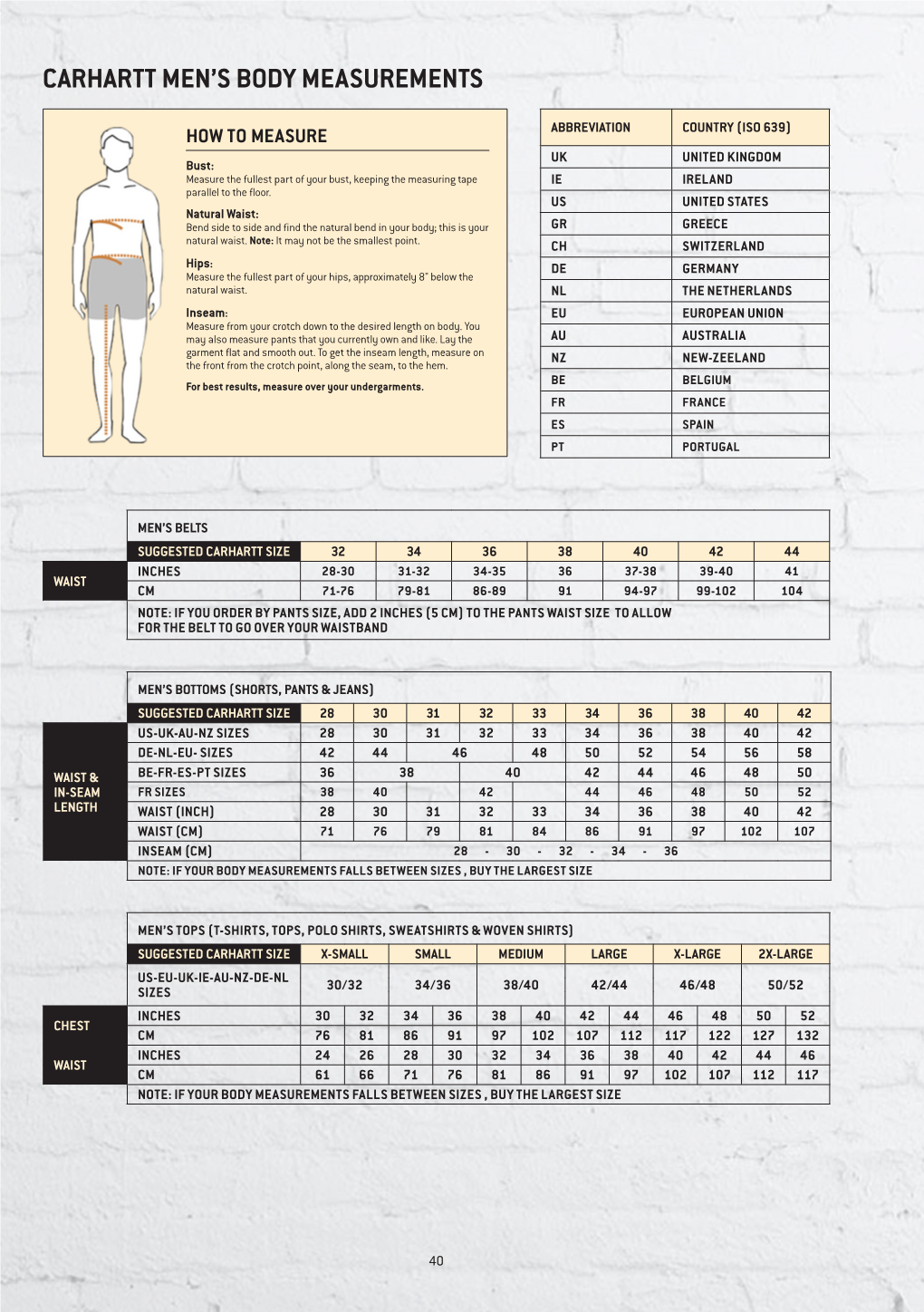 Carhartt Men's Body Measurements