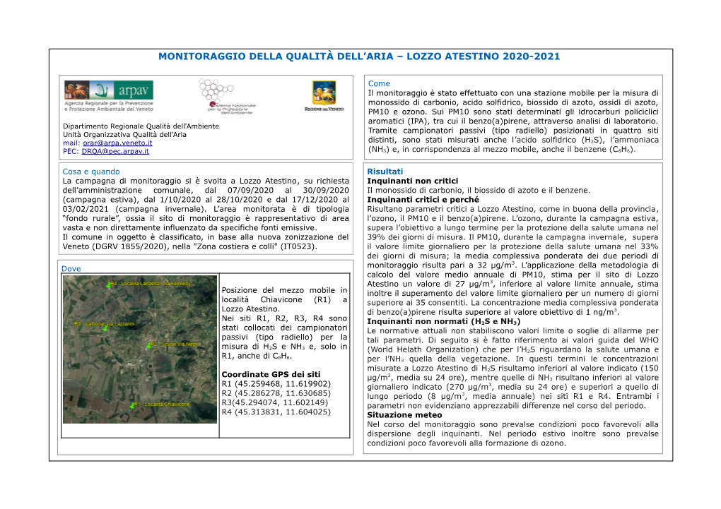 Monitoraggio Della Qualità Dell'aria – Lozzo Atestino