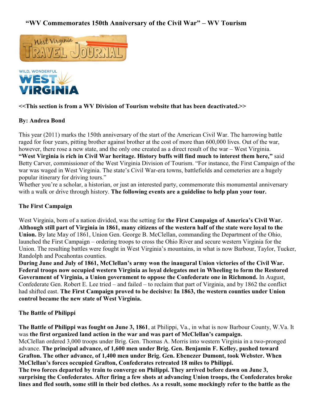 WV Commemorates 150Th Anniversary of the Civil War” – WV Tourism