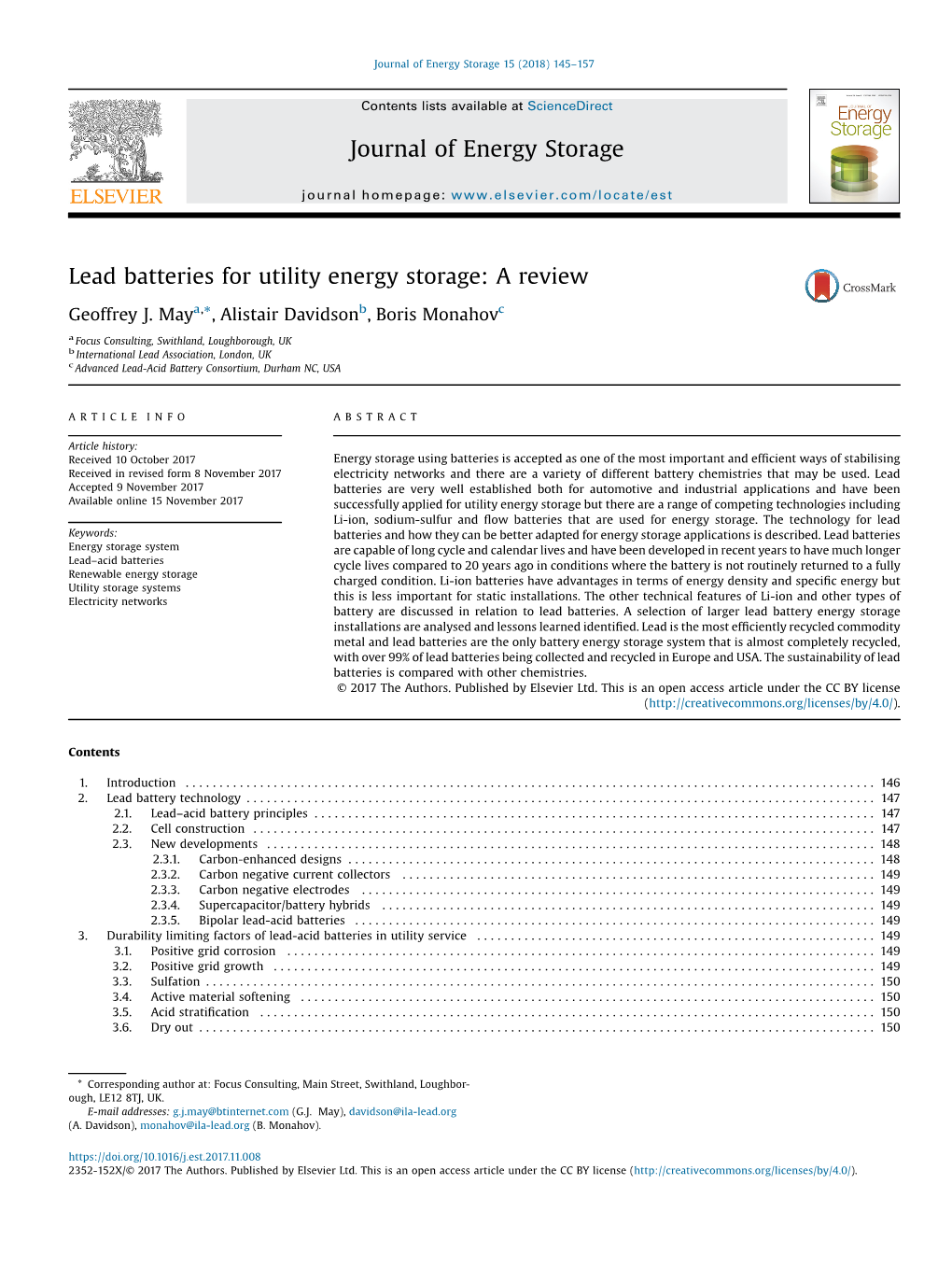 Lead Batteries for Utility Energy Storage: a Review