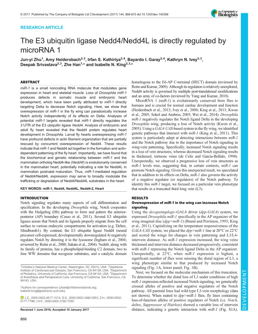 The E3 Ubiquitin Ligase Nedd4/Nedd4l Is Directly Regulated by Microrna 1 Jun-Yi Zhu1, Amy Heidersbach2,3, Irfan S