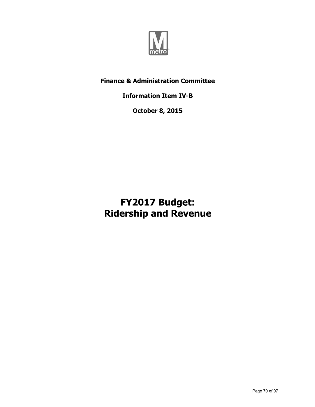 FY2017 Budget: Ridership and Revenue