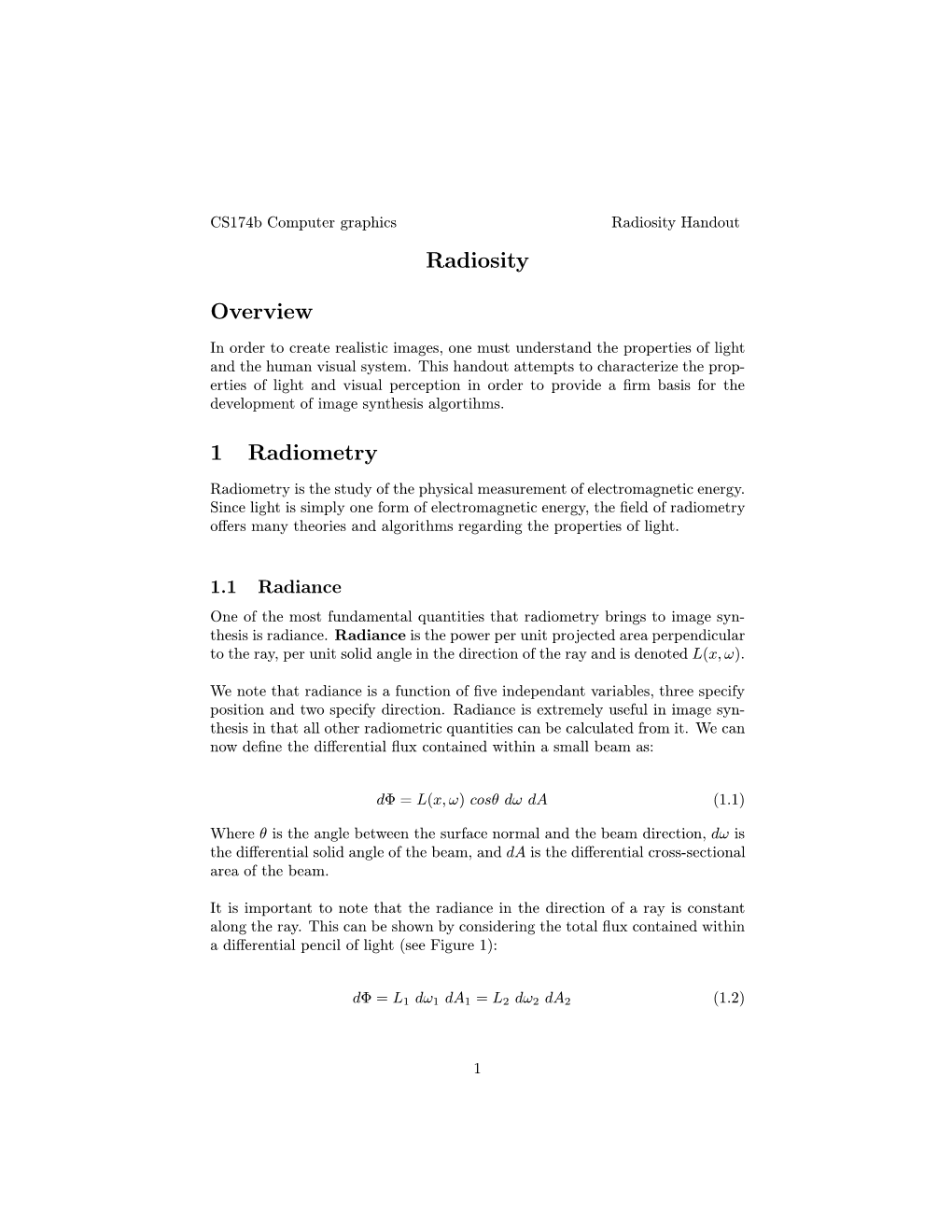 Radiosity Overview 1 Radiometry