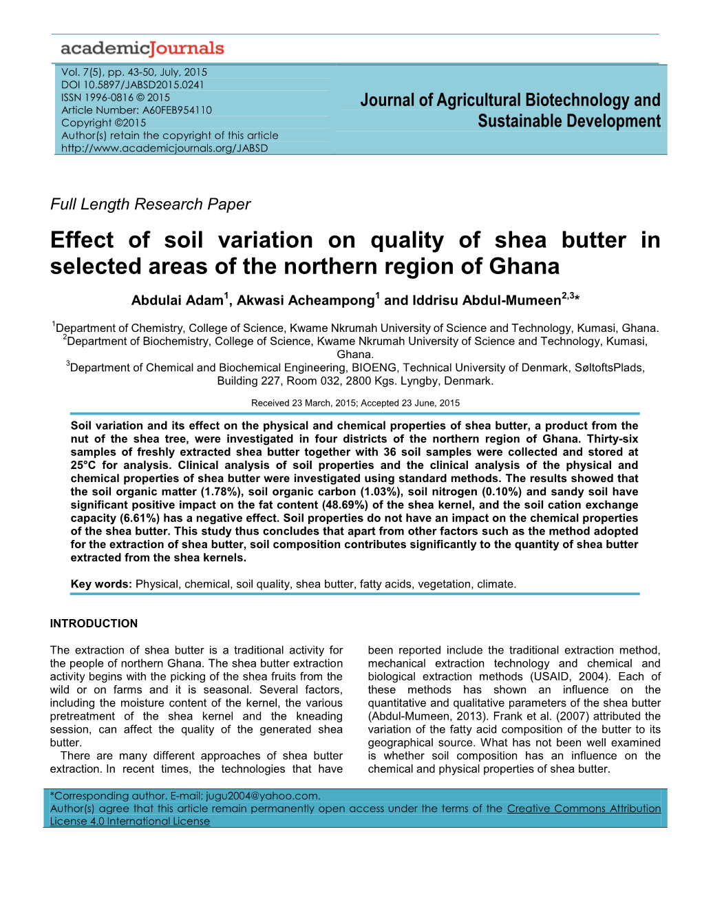 Effect of Soil Variation on Quality of Shea Butter in Selected Areas of the Northern Region of Ghana