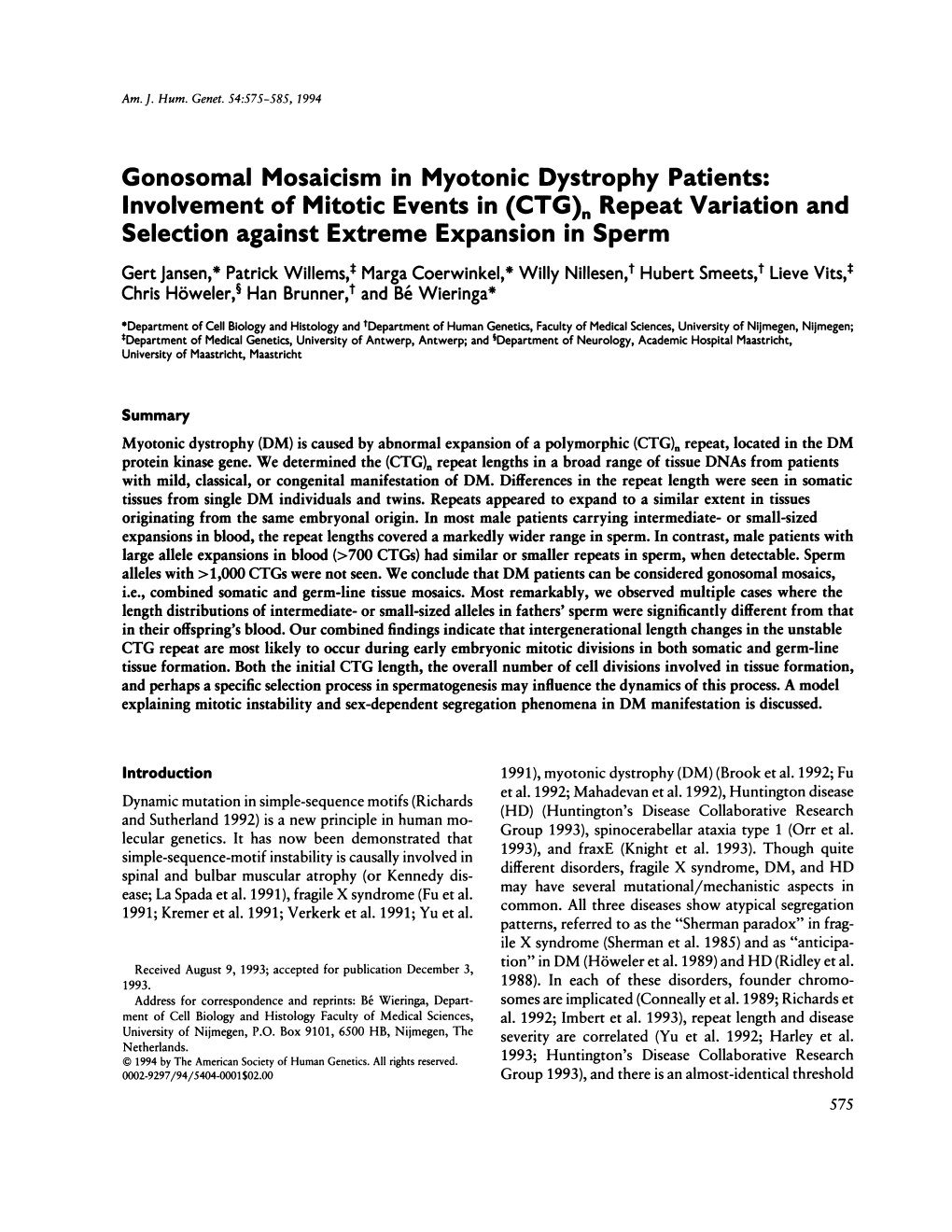 Gonosomal Mosaicism in Myotonic Dystrophy Patients