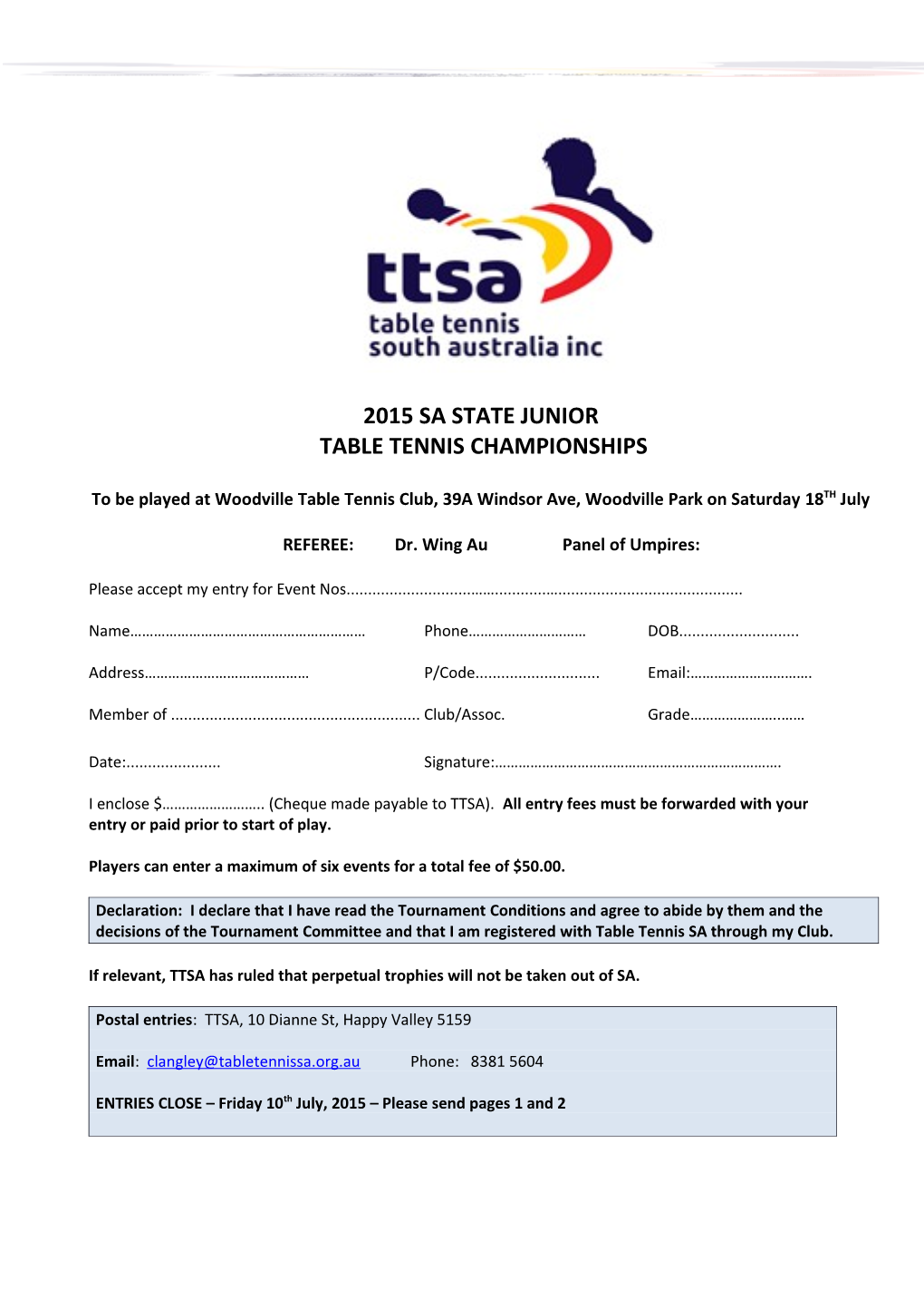 2015 Sa State Junior Table Tennis Championships