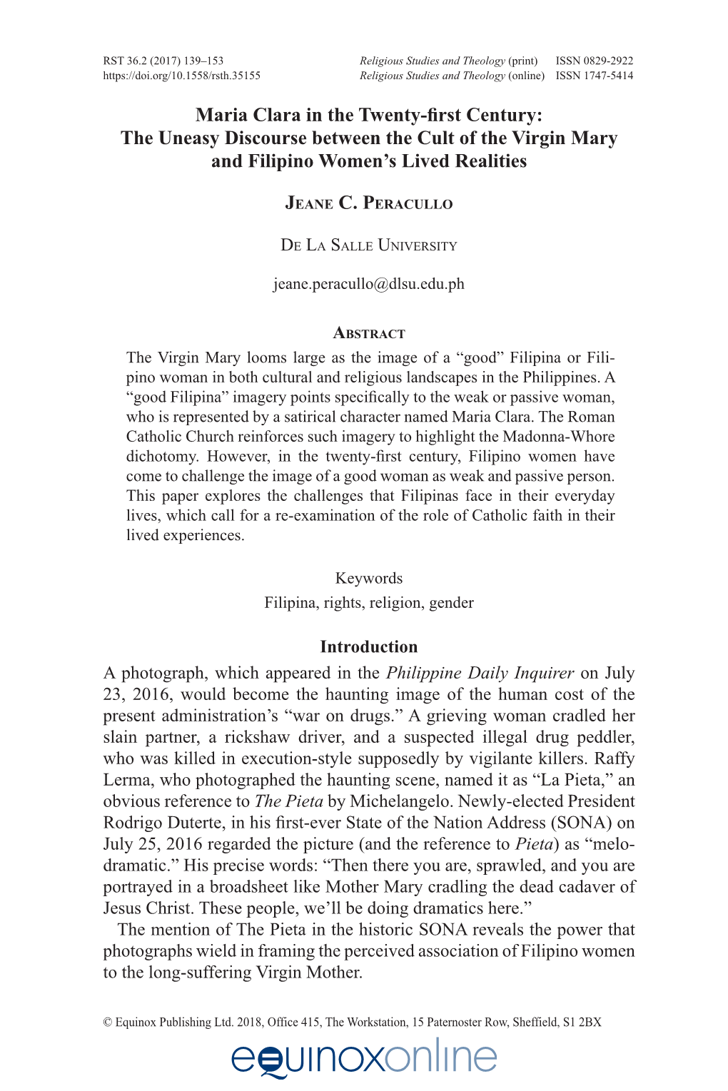 Maria Clara in the Twenty-First Century: the Uneasy Discourse Between the Cult of the Virgin Mary and Filipino Women’S Lived Realities