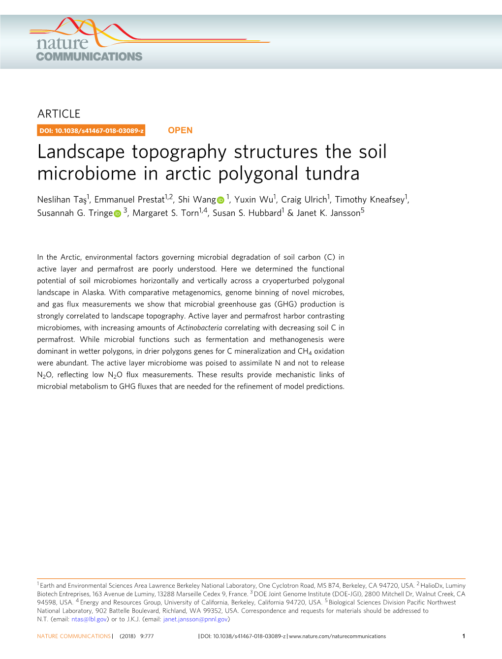 Landscape Topography Structures the Soil Microbiome in Arctic Polygonal Tundra