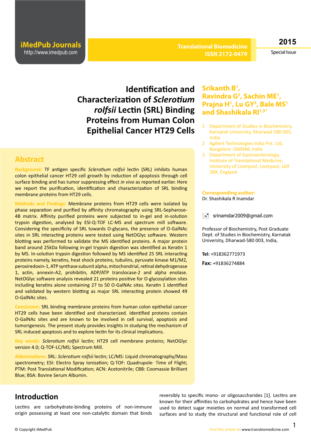 Identification and Characterization of Sclerotium Rolfsii Lectin (SRL) Binding Proteins from Human Colon Epithelial Cancer HT29