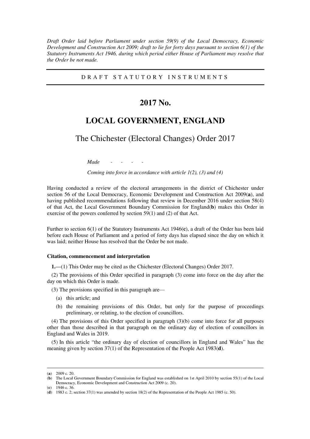 The Chichester (Electoral Changes) Order 2017