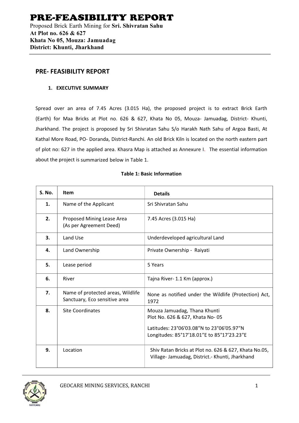 PRE-FEASIBILITY REPORT Proposed Brick Earth Mining for Sri