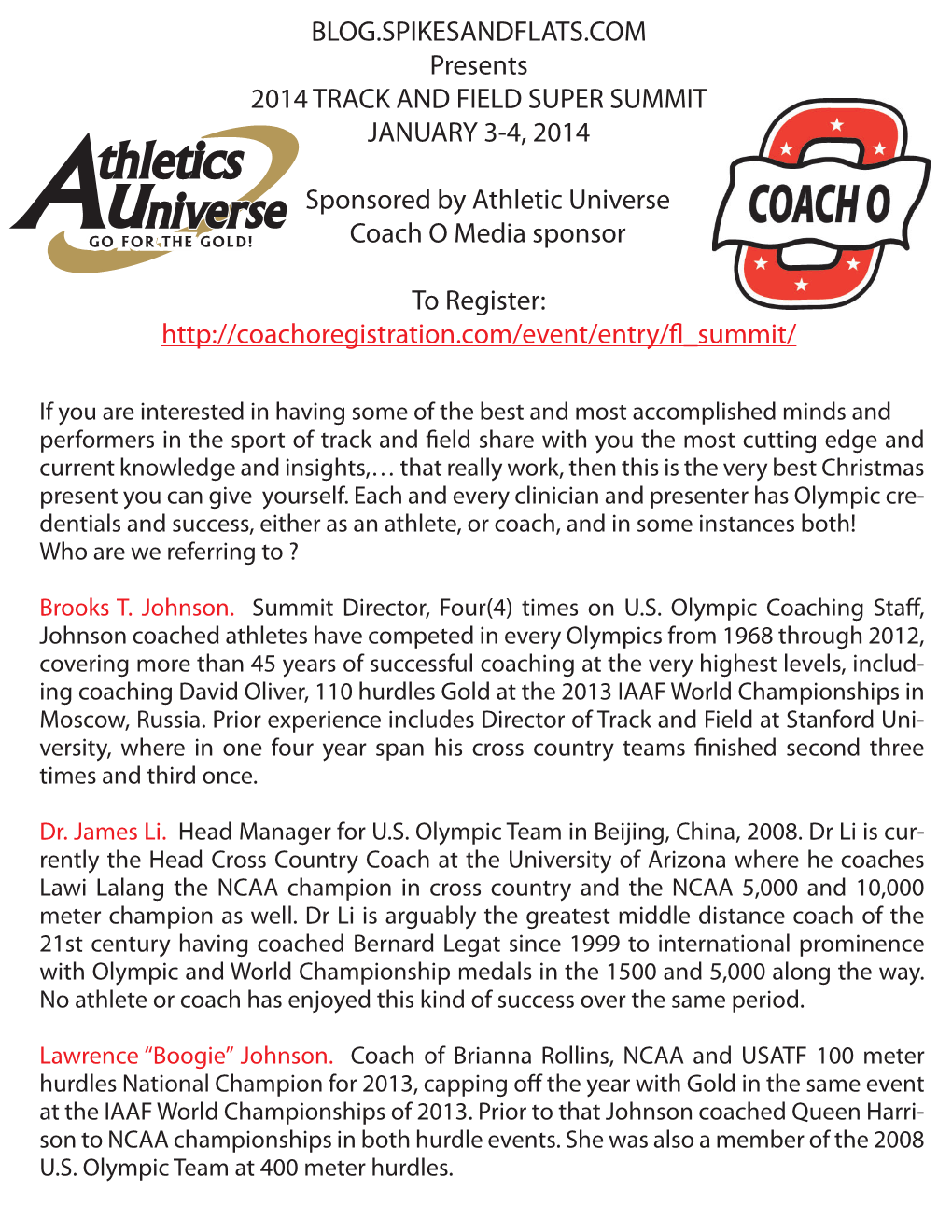 BLOG.SPIKESANDFLATS.COM Presents 2014 TRACK and FIELD SUPER SUMMIT JANUARY 3-4, 2014