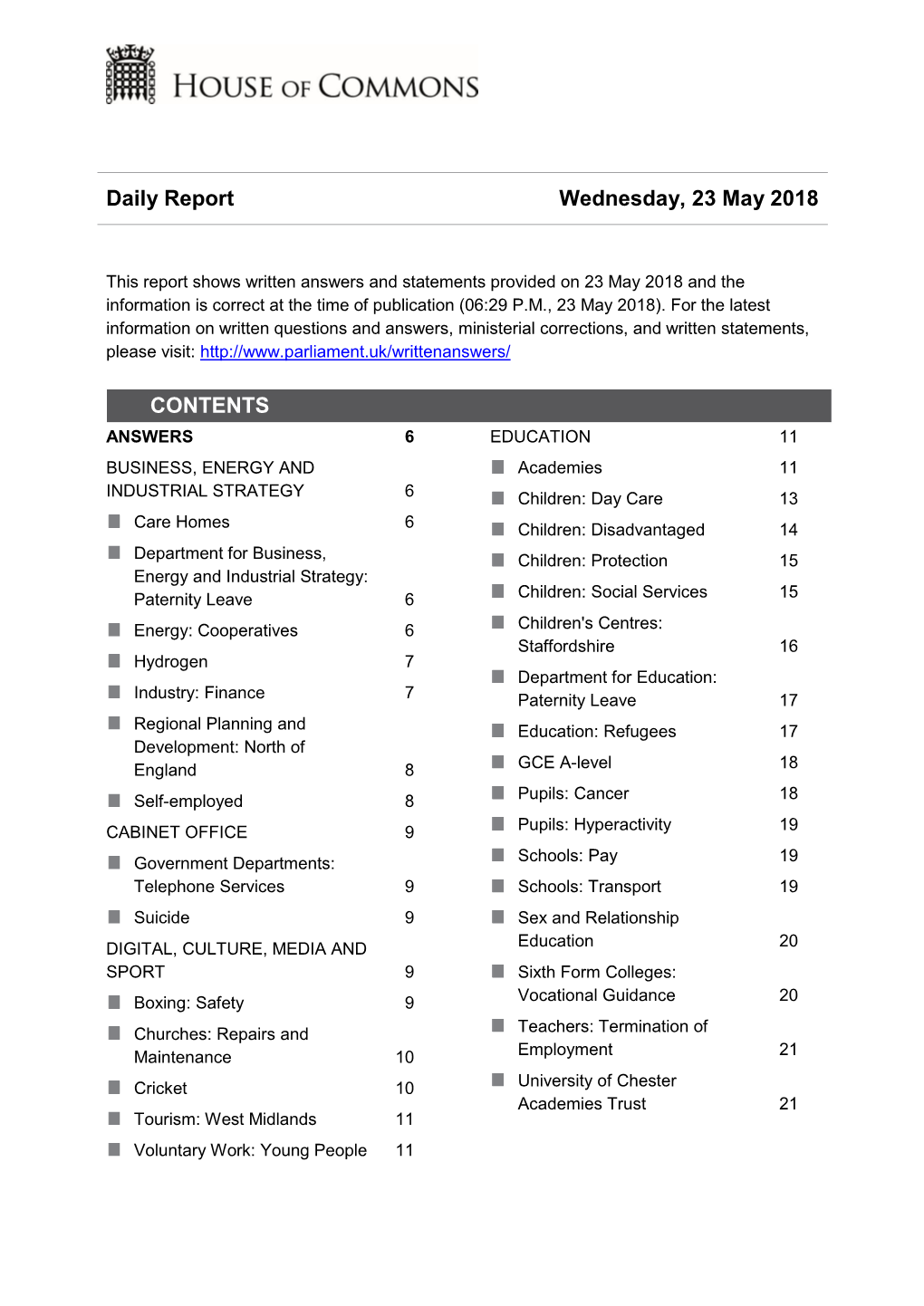 Daily Report Wednesday, 23 May 2018 CONTENTS