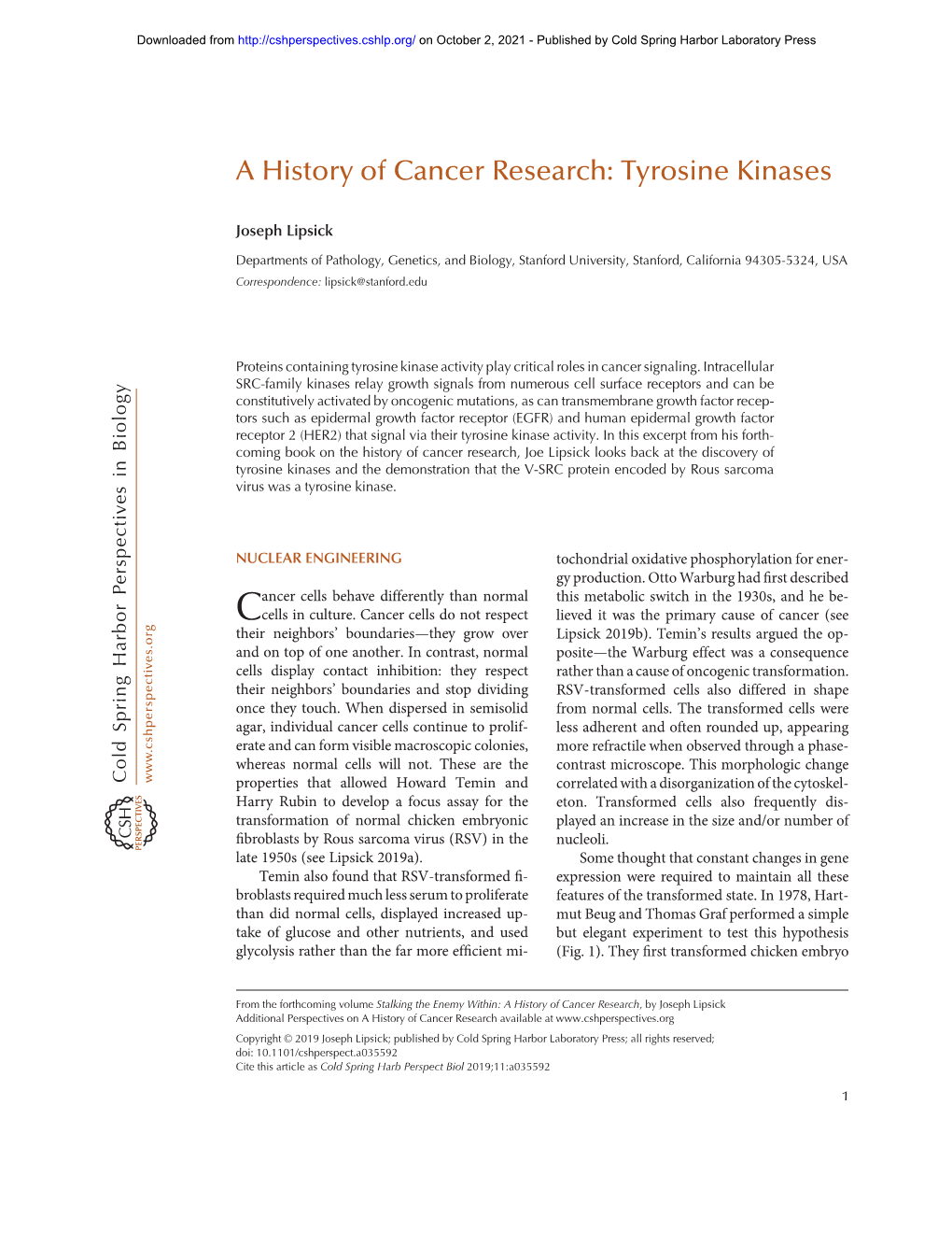 A History of Cancer Research: Tyrosine Kinases