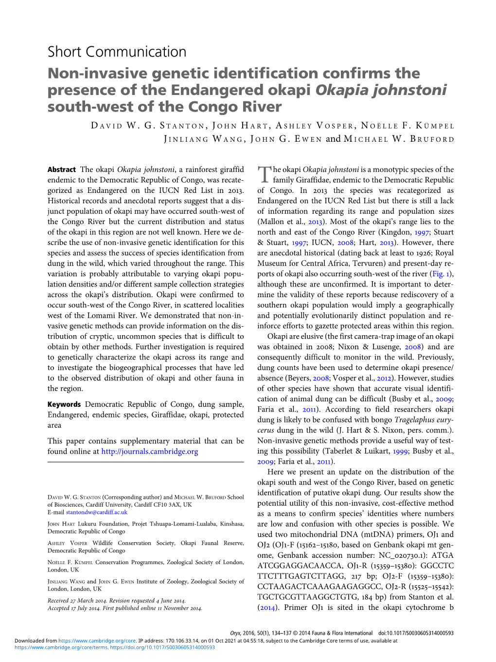 Short Communication Non-Invasive Genetic Identification Confirms the Presence of the Endangered Okapi Okapia Johnstoni South-West of the Congo River