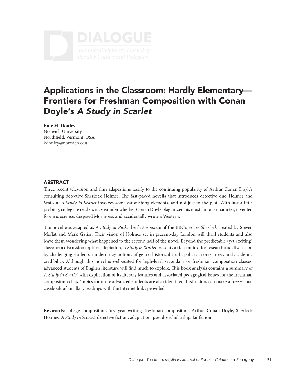 Frontiers for Freshman Composition with Conan Doyle's a Study in Scarlet