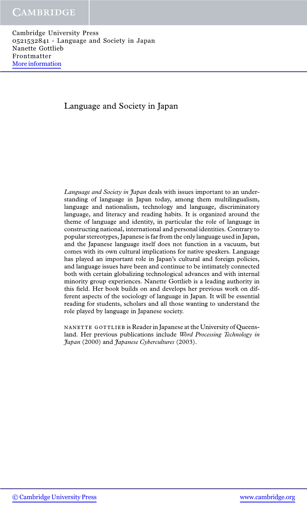 Language and Society in Japan Nanette Gottlieb Frontmatter More Information