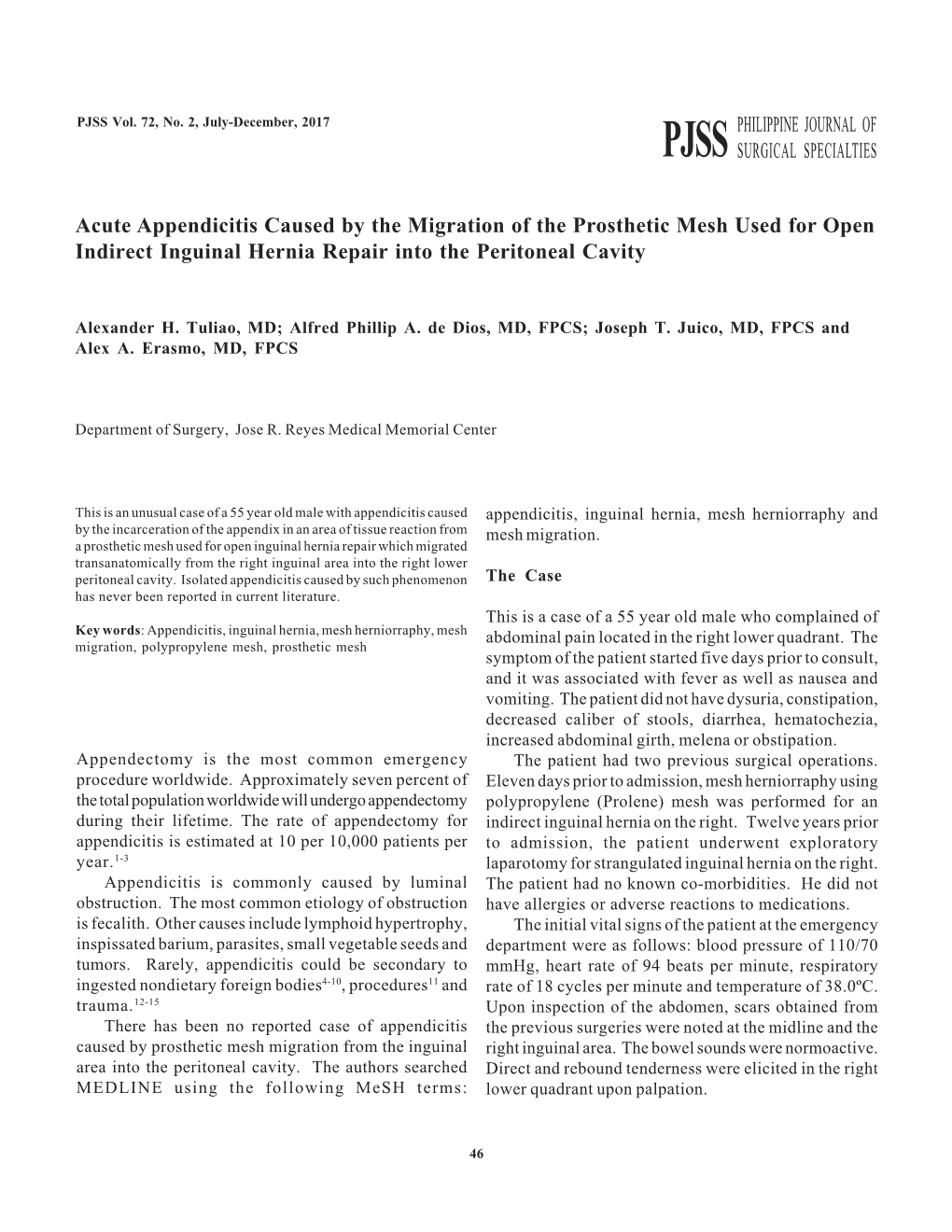 Acute Appendicitis Caused by the Migration of the Prosthetic Mesh Used for Open Indirect Inguinal Hernia Repair Into the Peritoneal Cavity