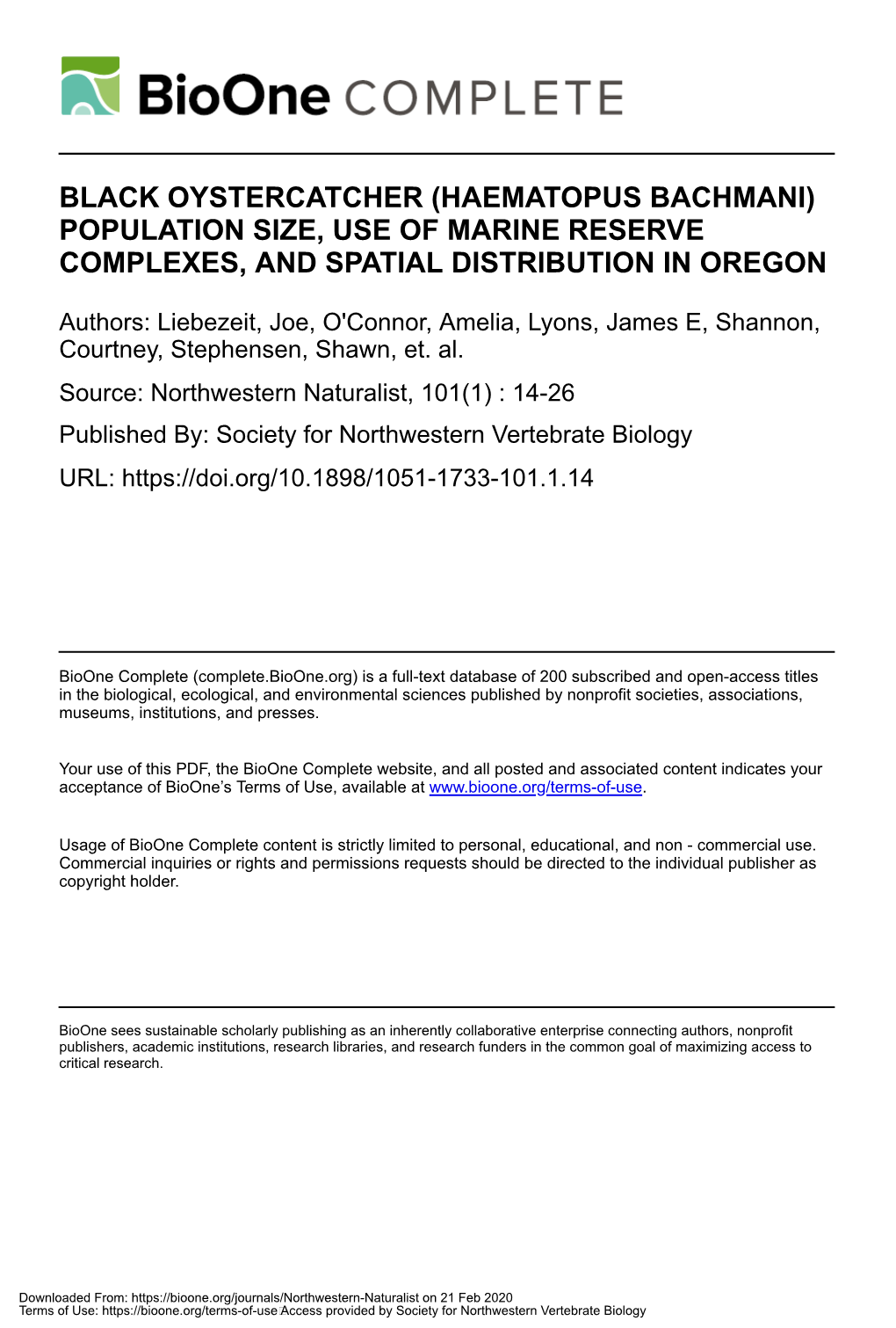 Black Oystercatcher (Haematopus Bachmani) Population Size, Use of Marine Reserve Complexes, and Spatial Distribution in Oregon