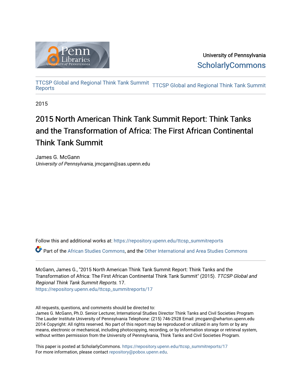 2015 North American Think Tank Summit Report: Think Tanks and the Transformation of Africa: the First African Continental Think Tank Summit