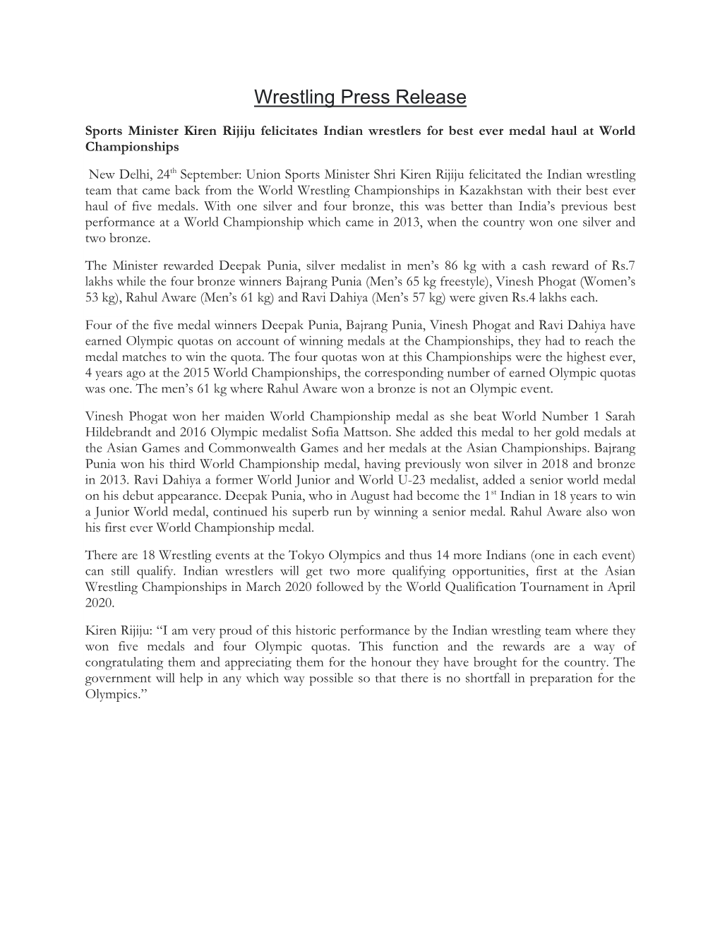 Wrestling Press Release