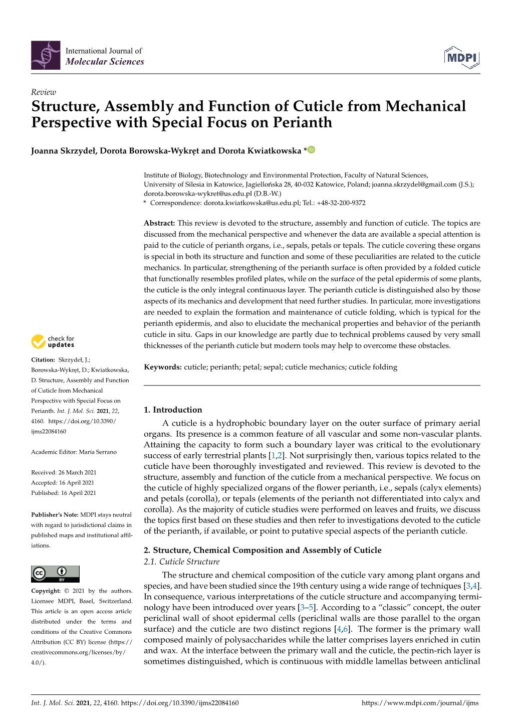 Structure, Assembly and Function of Cuticle from Mechanical Perspective with Special Focus on Perianth