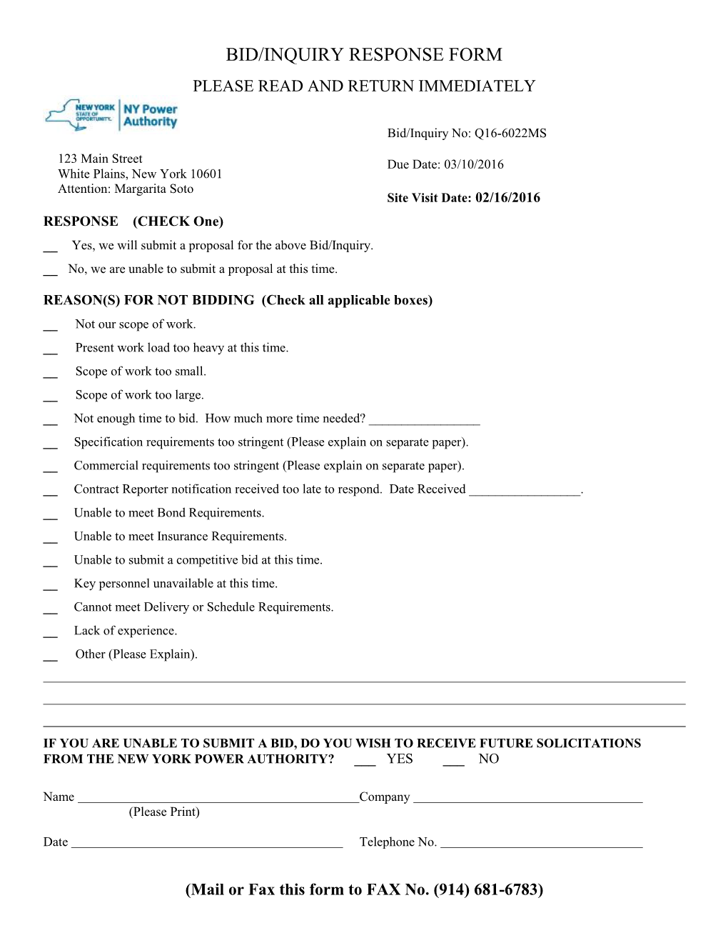Bid/Inquiry Response Form Please Read and Return Immediately