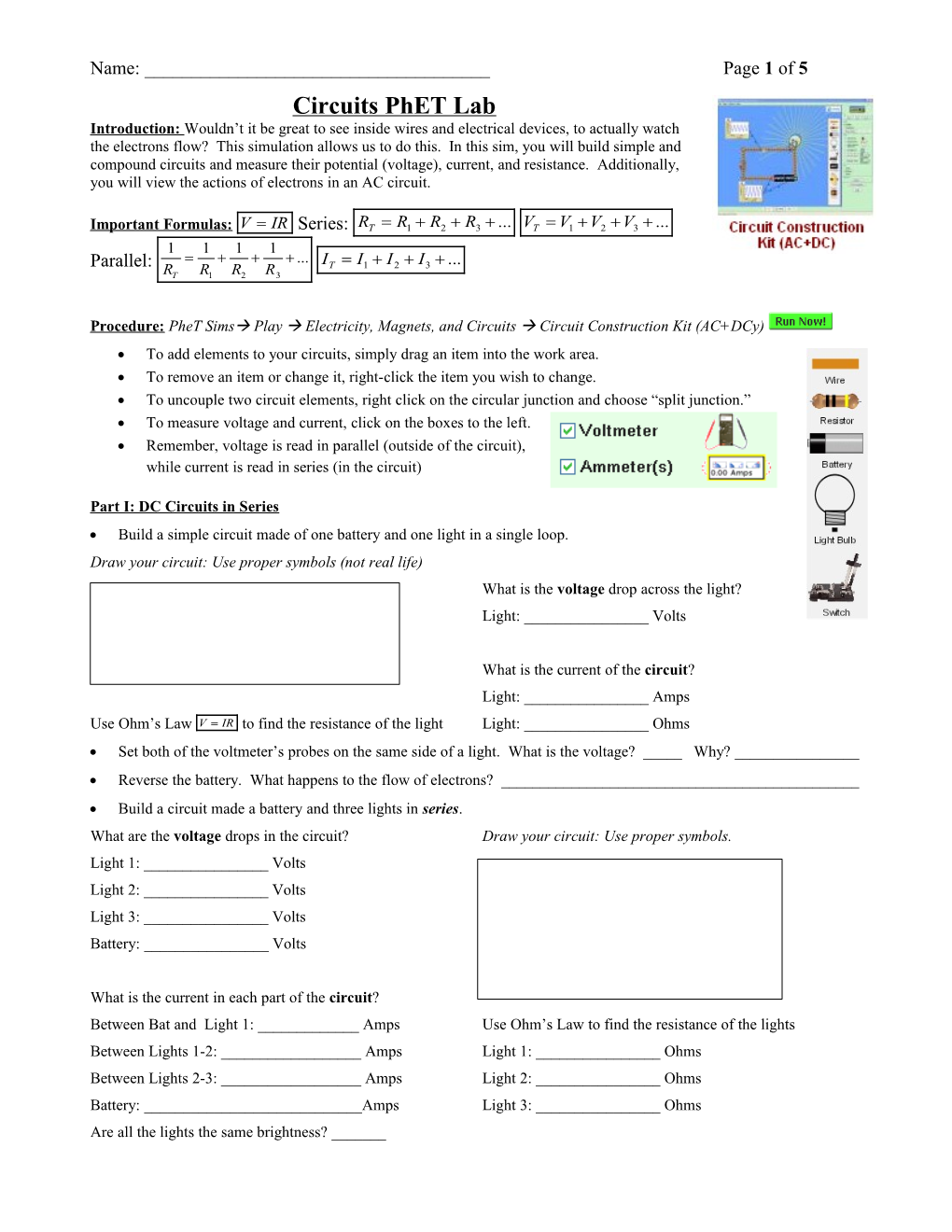 Circuits Phet Lab