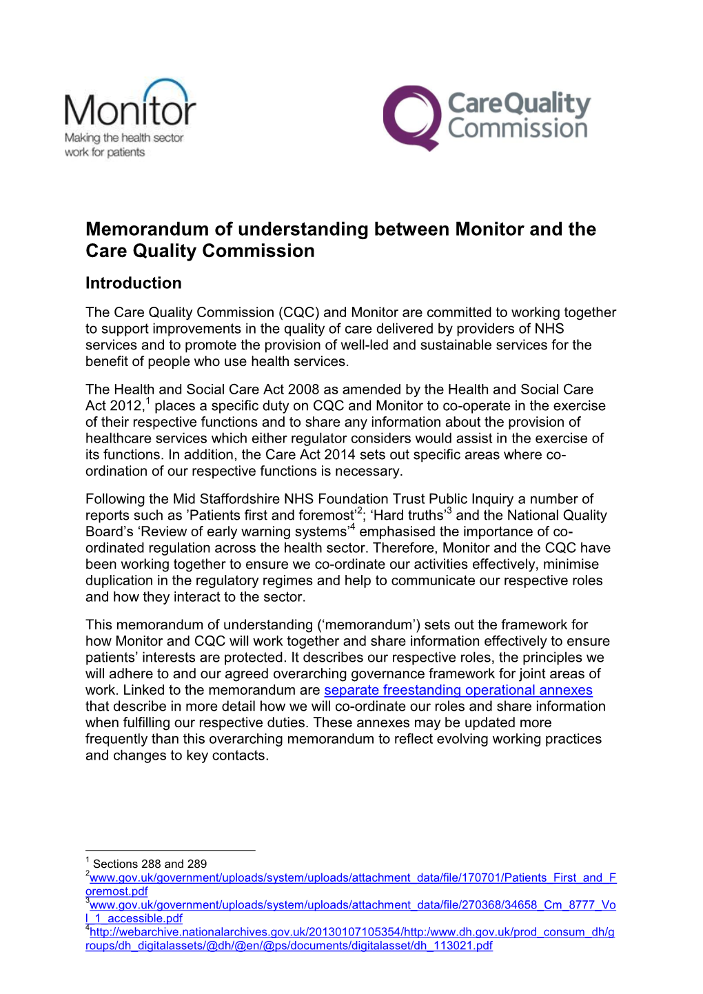 Memorandum of Understanding Between Monitor and the Care