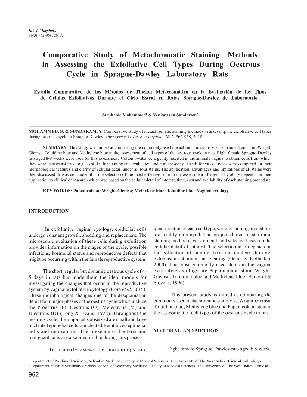 Comparative Study of Metachromatic Staining Methods in Assessing the Exfoliative Cell Types During Oestrous Cycle in Sprague-Dawley Laboratory Rats