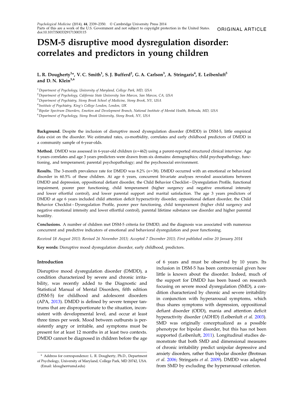 DSM-5 Disruptive Mood Dysregulation Disorder: Correlates and Predictors in Young Children