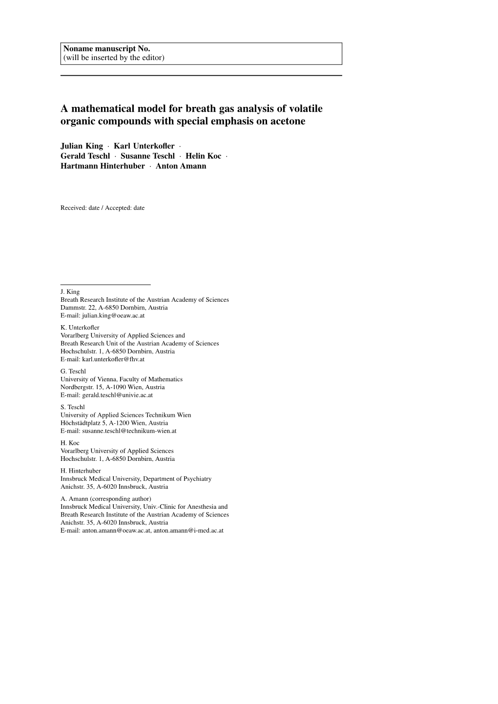 A Mathematical Model for Breath Gas Analysis of Volatile Organic Compounds with Special Emphasis on Acetone