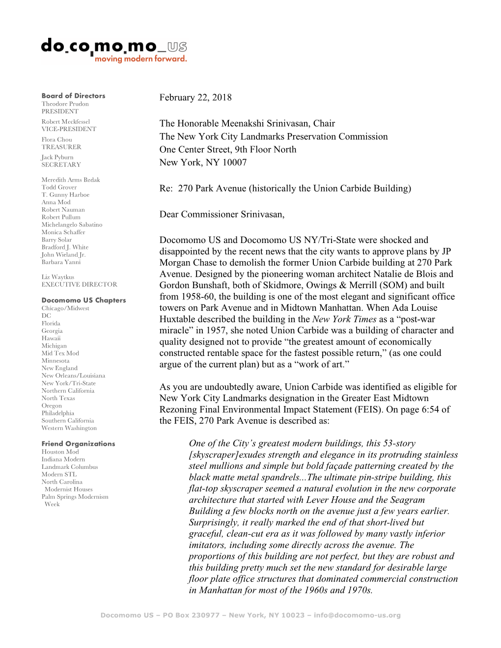 February 22, 2018 the Honorable Meenakshi Srinivasan, Chair the New York City Landmarks Preservation Commission One Center Stree