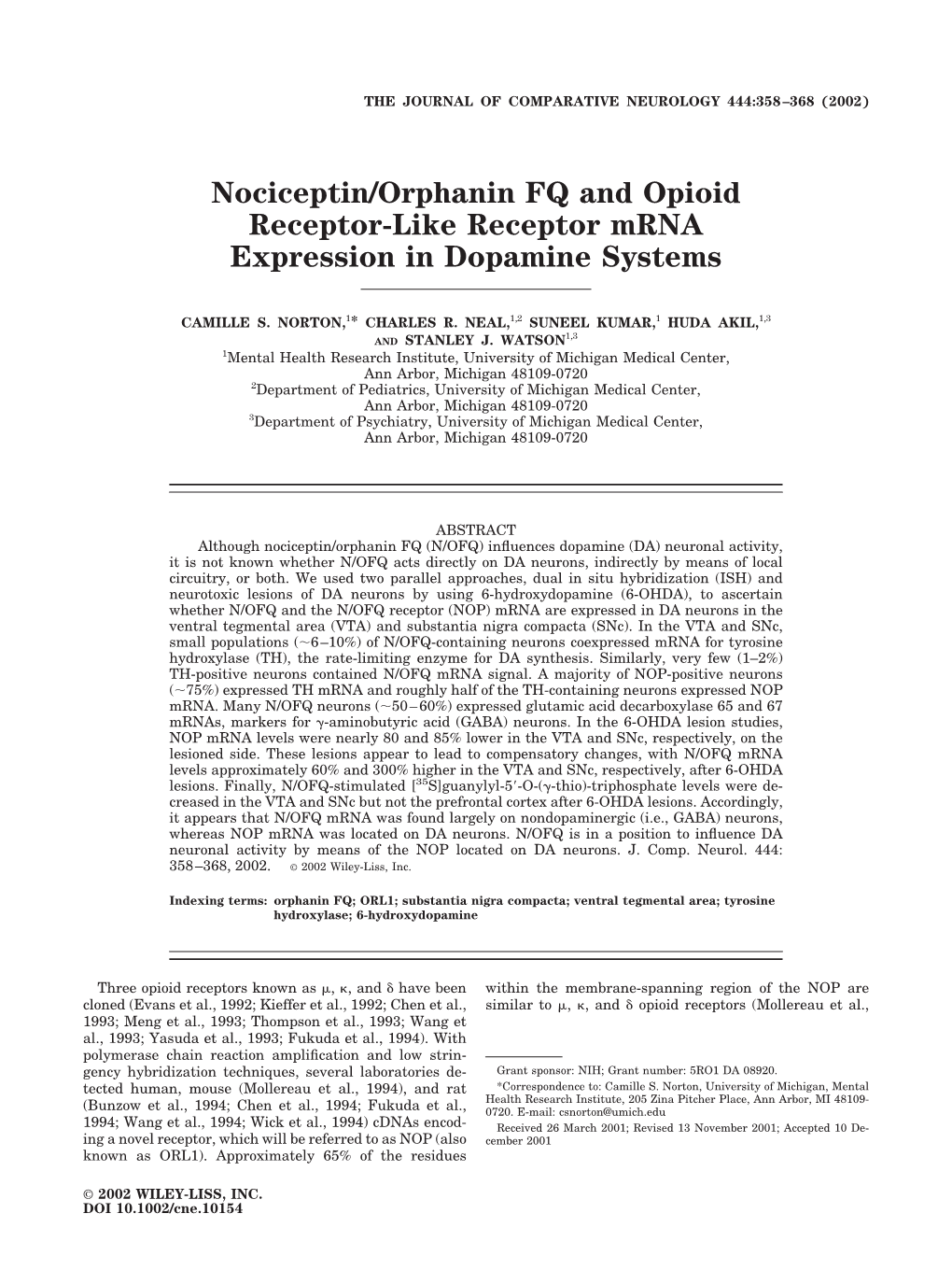 Nociceptin/Orphanin FQ and Opioid Receptor-Like Receptor Mrna