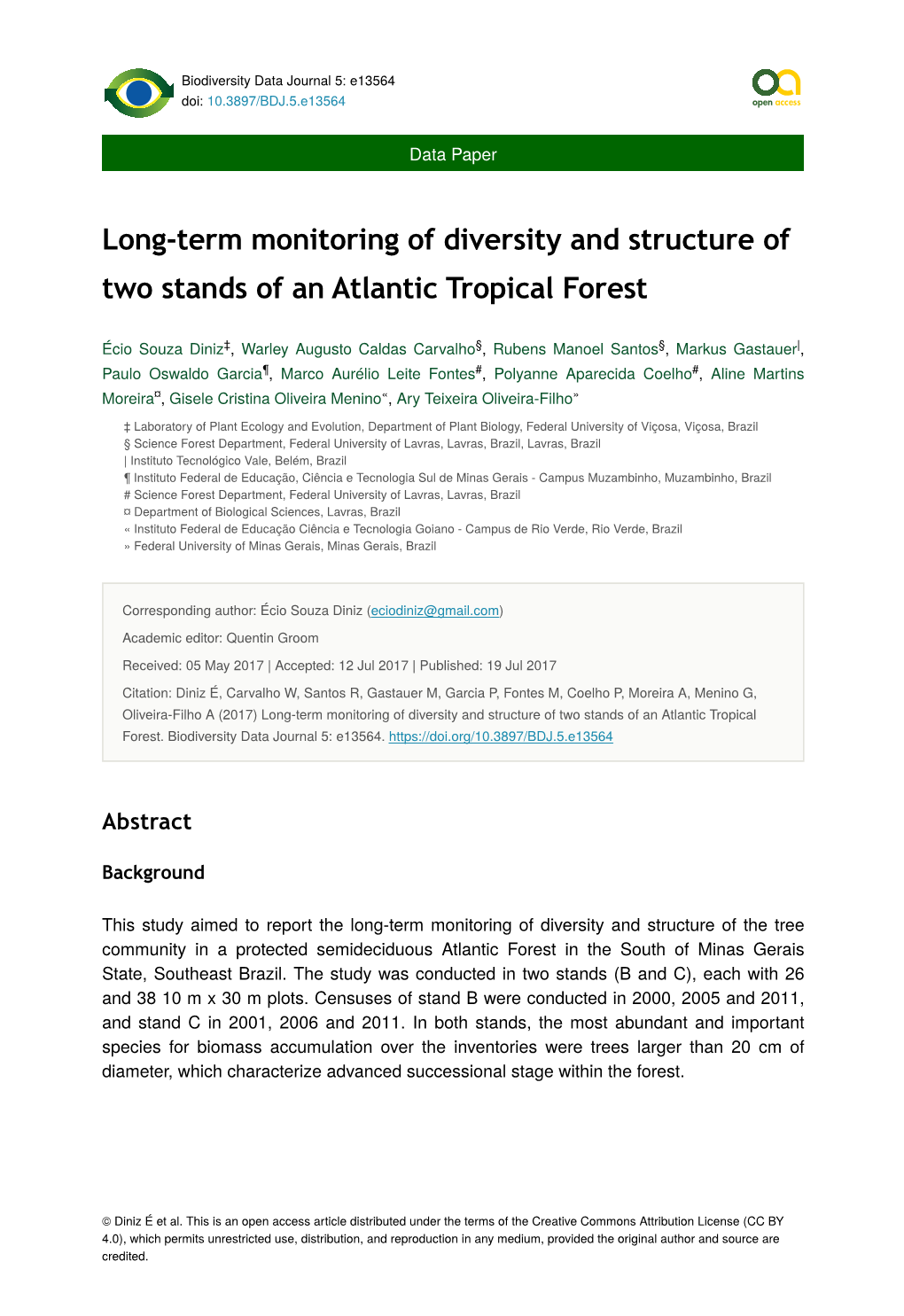 Long-Term Monitoring of Diversity and Structure of Two Stands of an Atlantic Tropical Forest