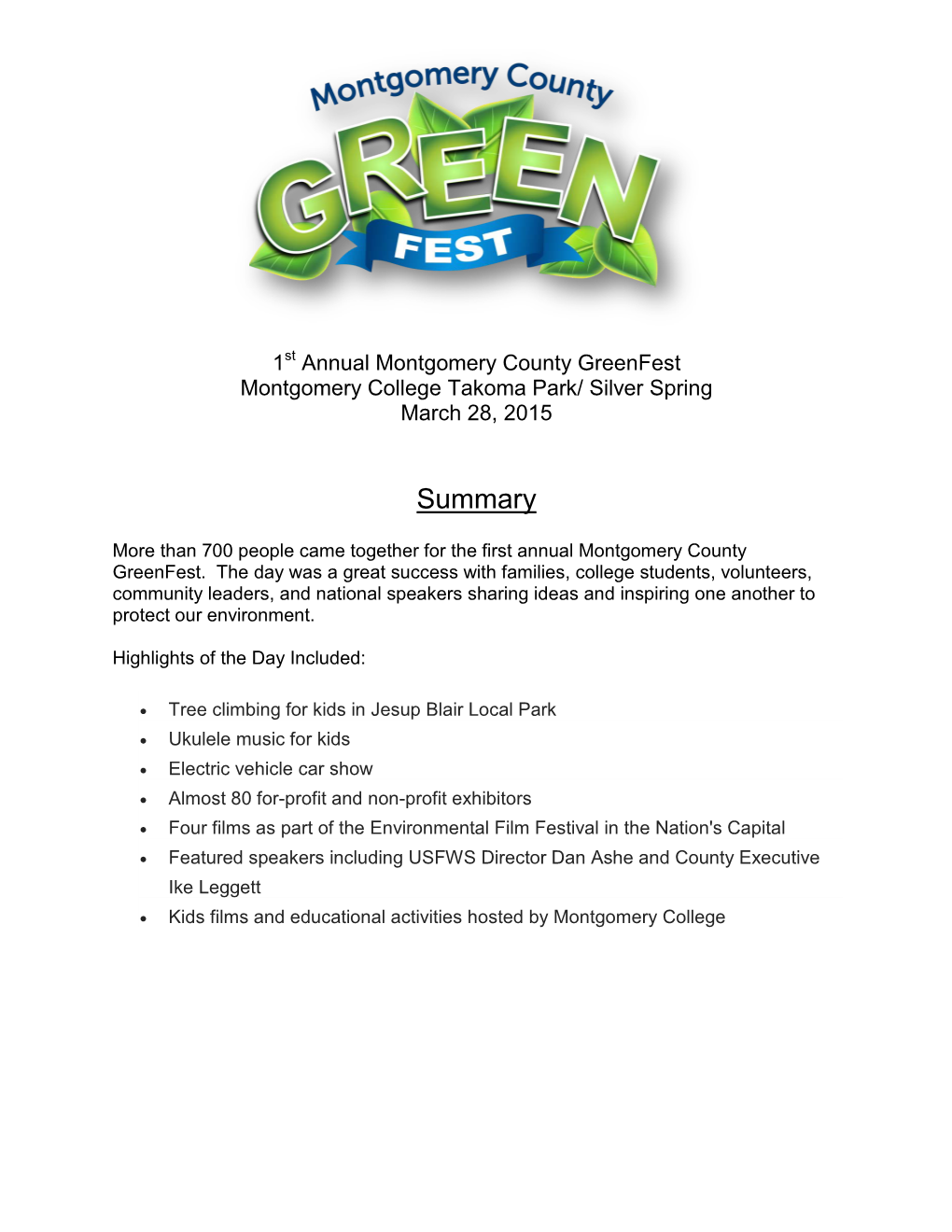 Overview of the 1St Annual Montgomery County Greenfest