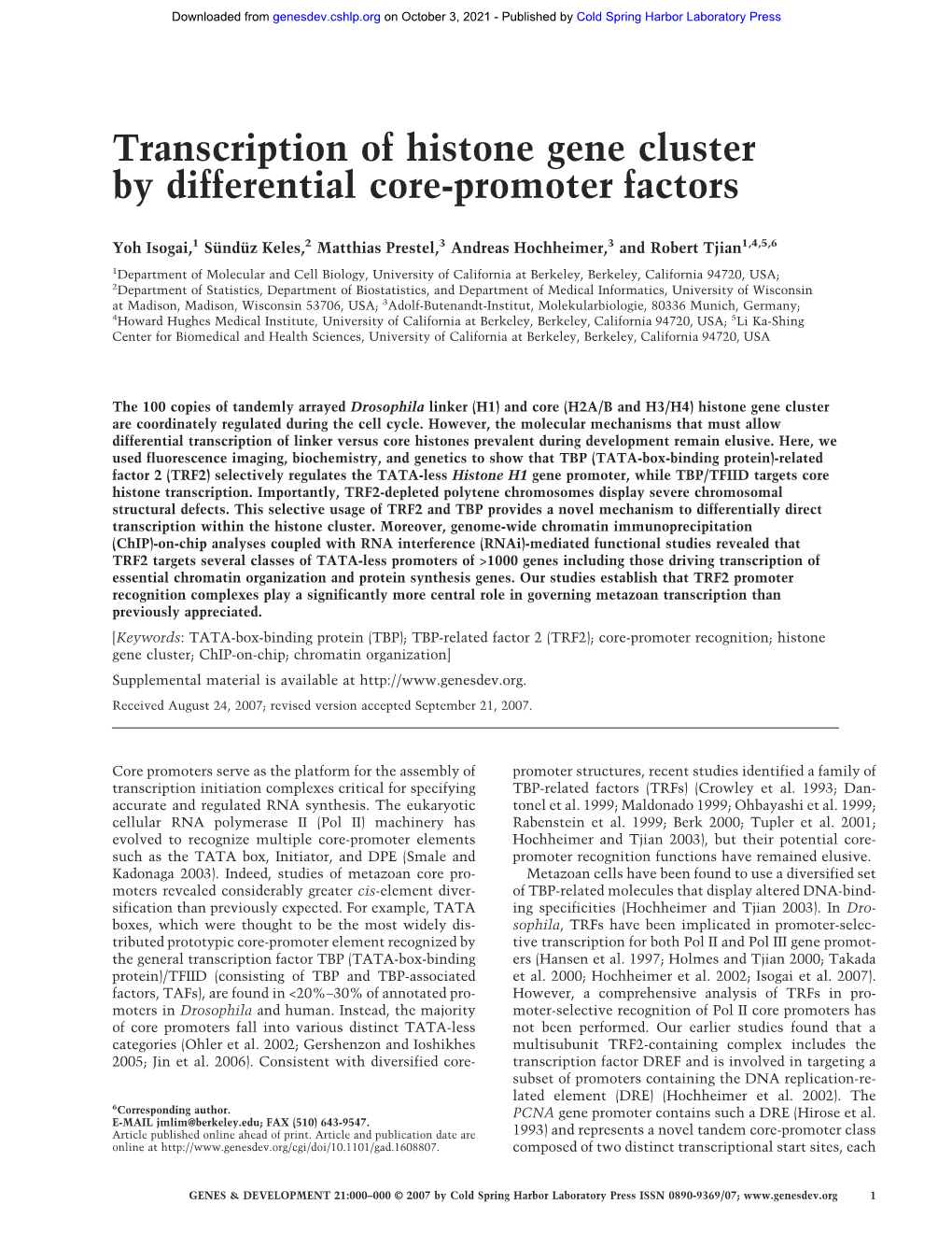 Transcription of Histone Gene Cluster by Differential Core-Promoter Factors