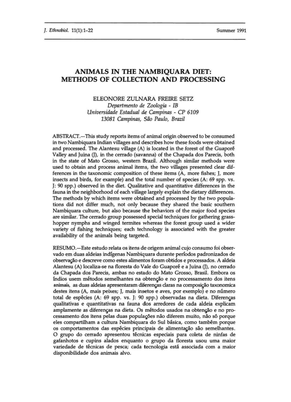 Animals in the Nambiquara Diet: Methods of Collection and Processing