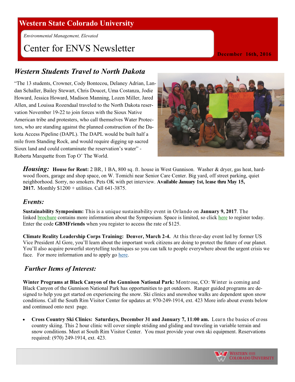 Center for ENVS Newsletter December 16Th, 2016