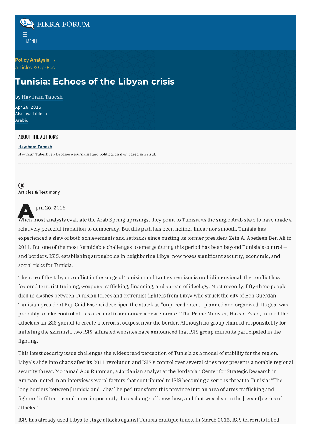 Tunisia: Echoes of the Libyan Crisis | the Washington Institute