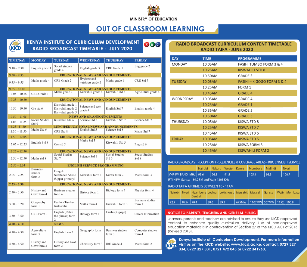 Radio Timetable for June 2020