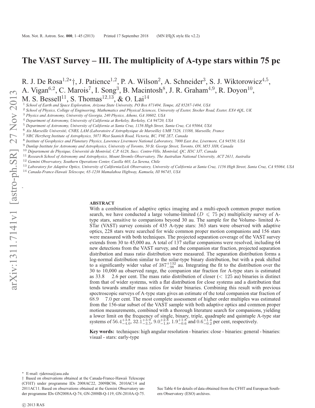 The VAST Survey-III. the Multiplicity of A-Type Stars Within 75 Pc