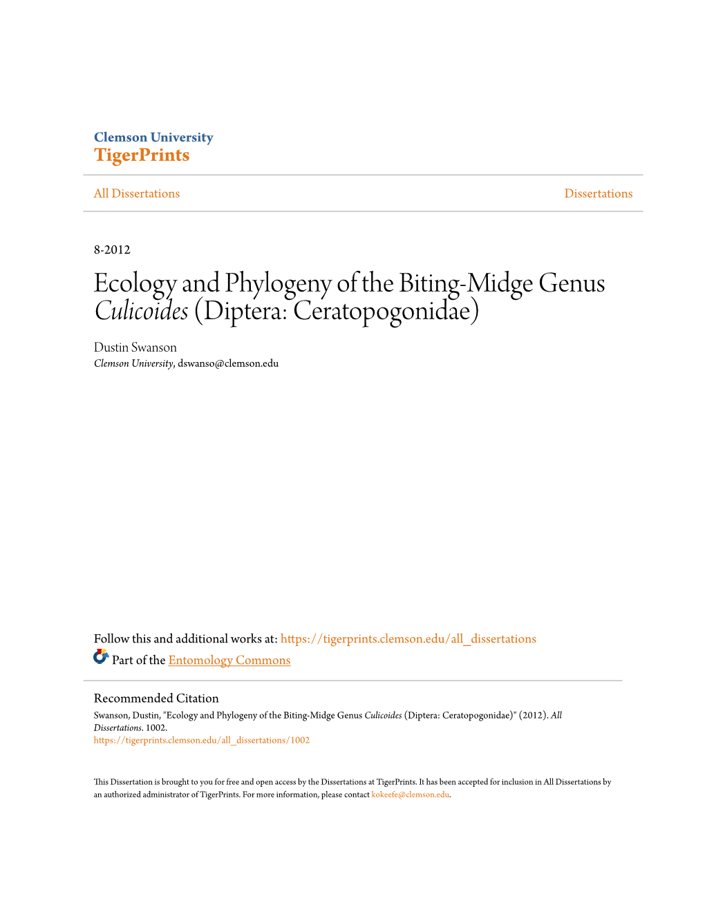 Diptera: Ceratopogonidae) Dustin Swanson Clemson University, Dswanso@Clemson.Edu
