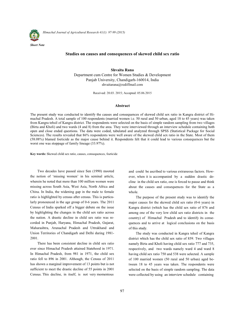 Studies on Causes and Consequences of Skewed Child Sex Ratio