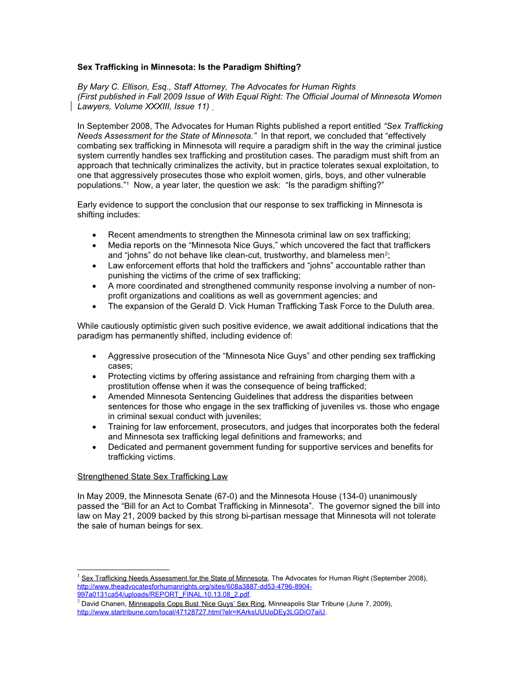 Sex Trafficking in Minnesota: What Can Lawyers Do to Assist Victims and Hold Traffickers