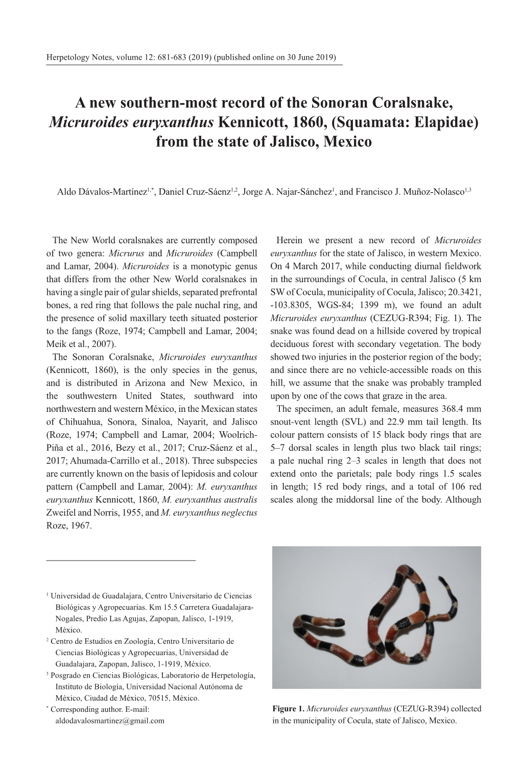 A New Southern-Most Record of the Sonoran Coralsnake, Micruroides Euryxanthus Kennicott, 1860, (Squamata: Elapidae) from the State of Jalisco, Mexico