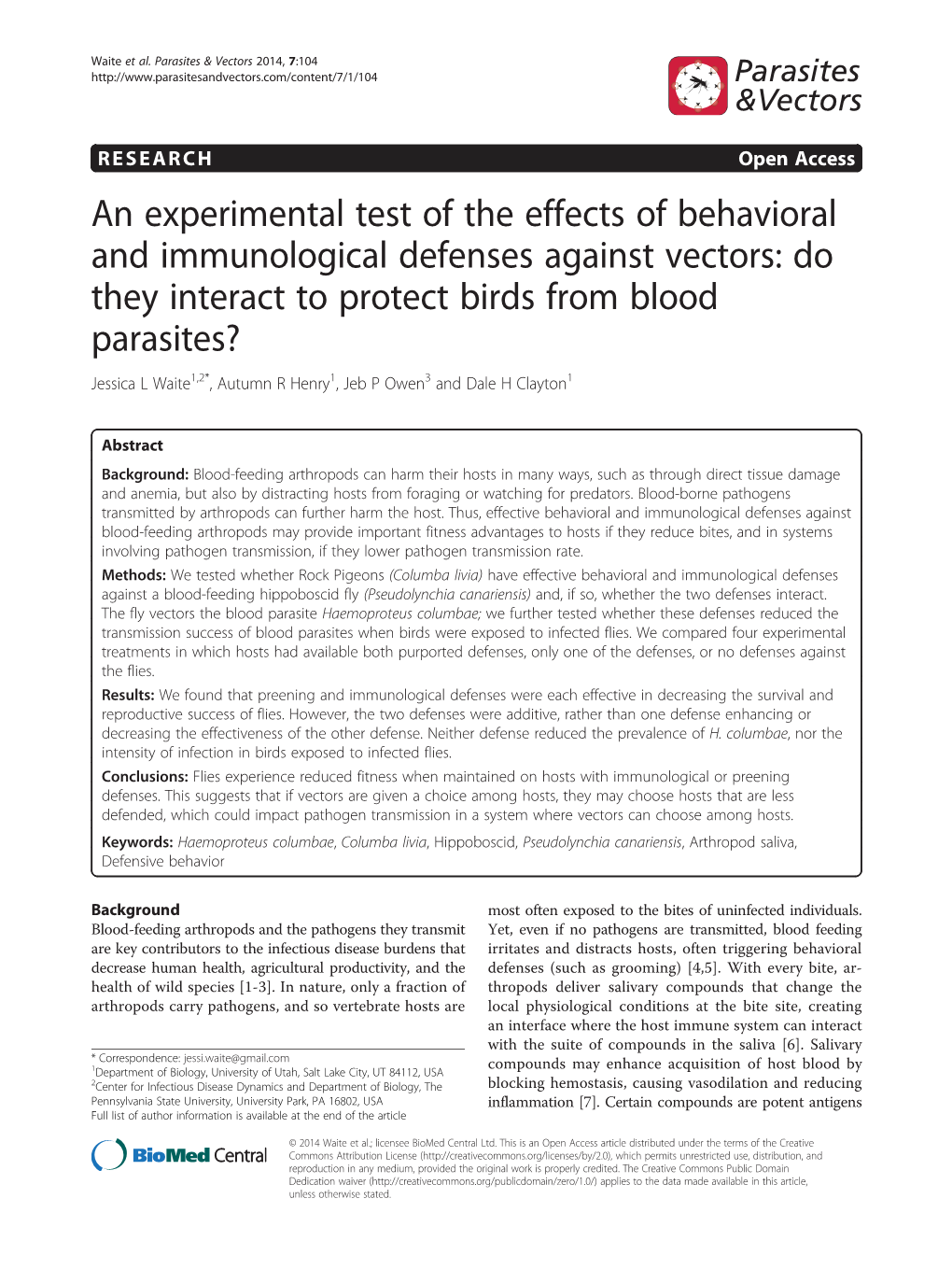 An Experimental Test of the Effects of Behavioral and Immunological Defenses Against Vectors