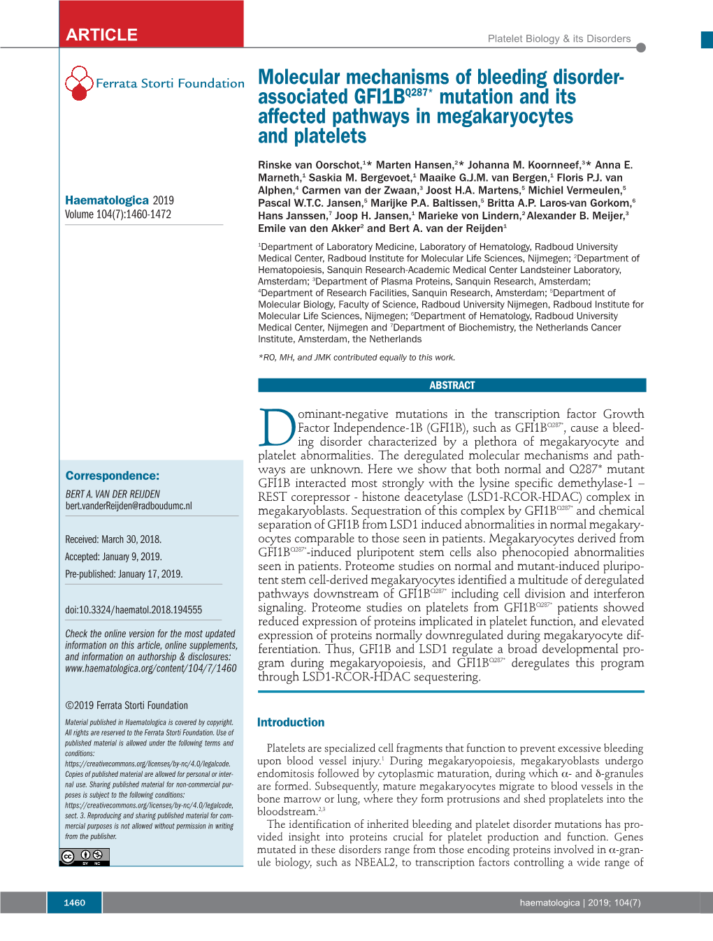 Molecular Mechanisms of Bleeding Disorderassociated GFI1BQ287* Mutation and Its Affected Pathways in Megakaryocytes and Platelet