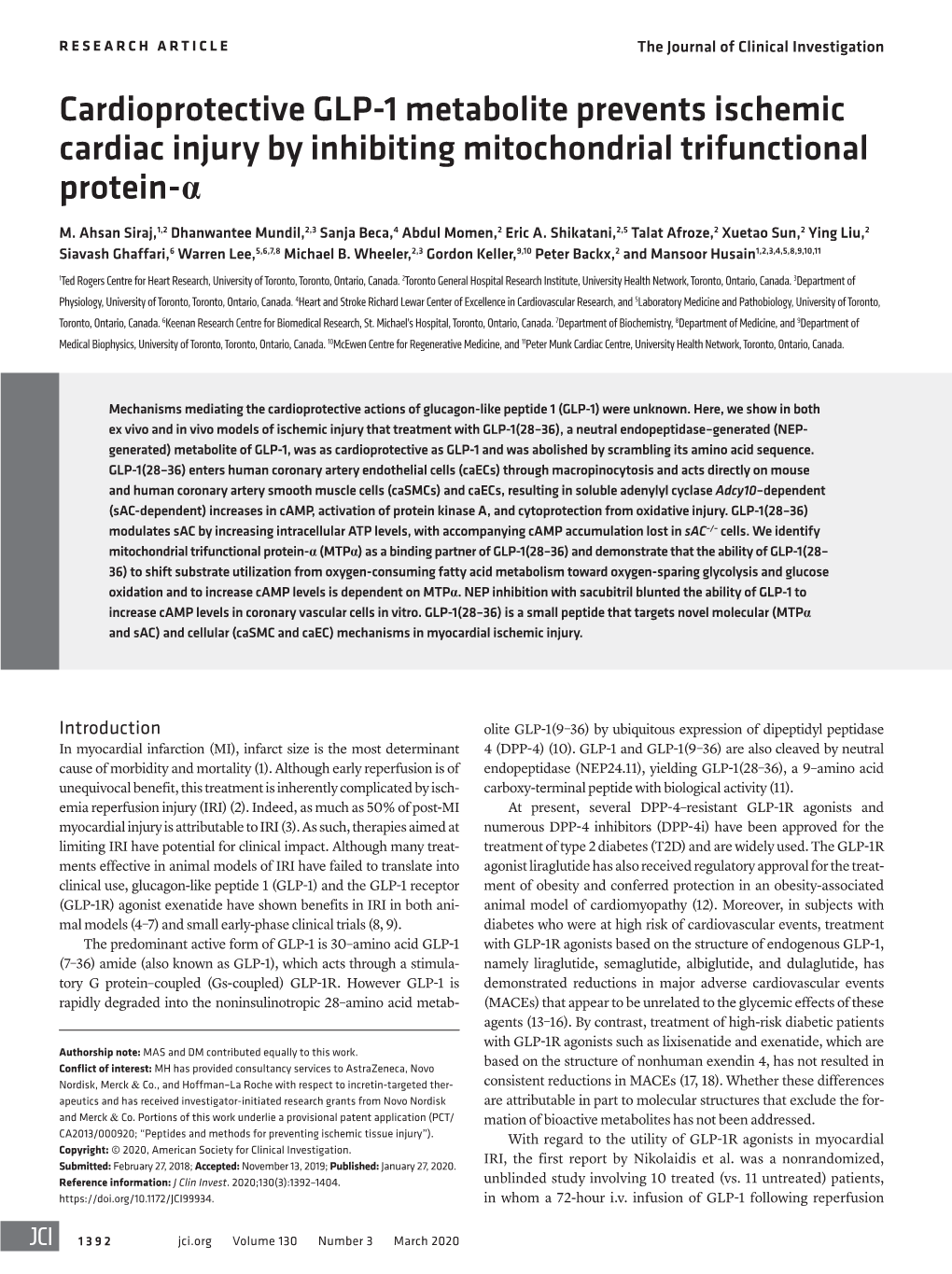 Cardioprotective GLP-1 Metabolite Prevents Ischemic Cardiac Injury by Inhibiting Mitochondrial Trifunctional Protein-Α