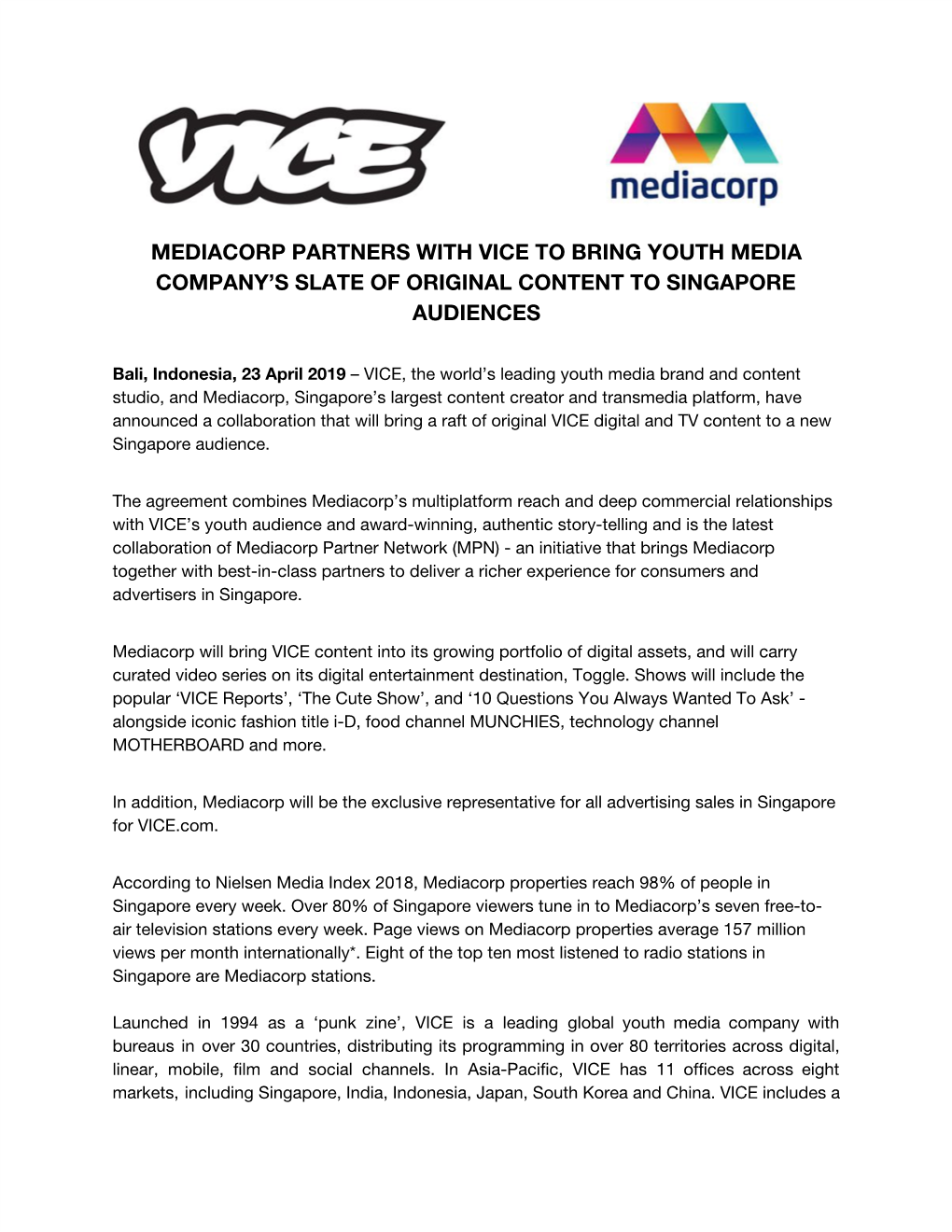 Mediacorp Partners with Vice to Bring Youth Media Company's Slate of Original Content to Singapore Audiences